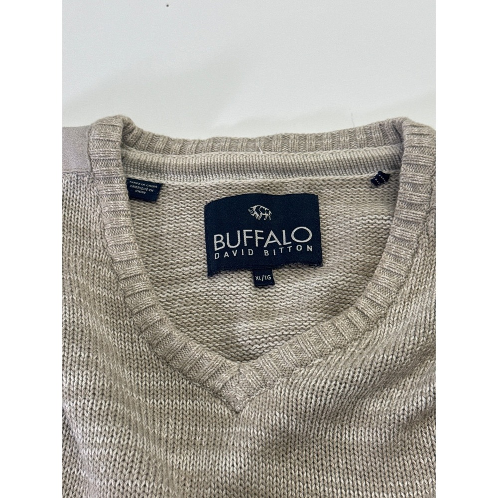 Buffalo David Bitton Men's Tan Faux Suede Shoulder Patch V-Neck Sweater Size XL - Picture 3 of 11